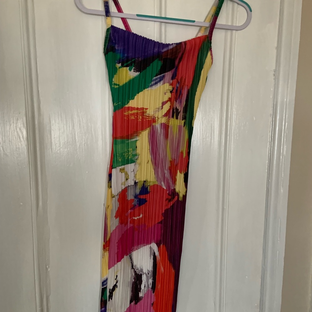 Abstract Plisse Cowl Neck MIDI Dress